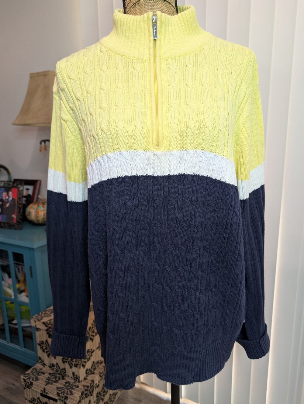 Liz & Co Yellow Navy and White 1/4 Zip Sweater